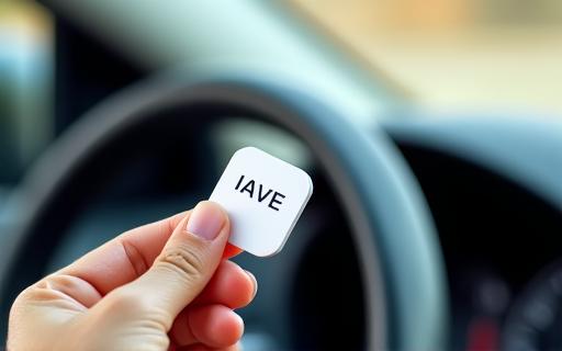 Mano sosteniendo un tag IAVE frente al parabrisas de un coche